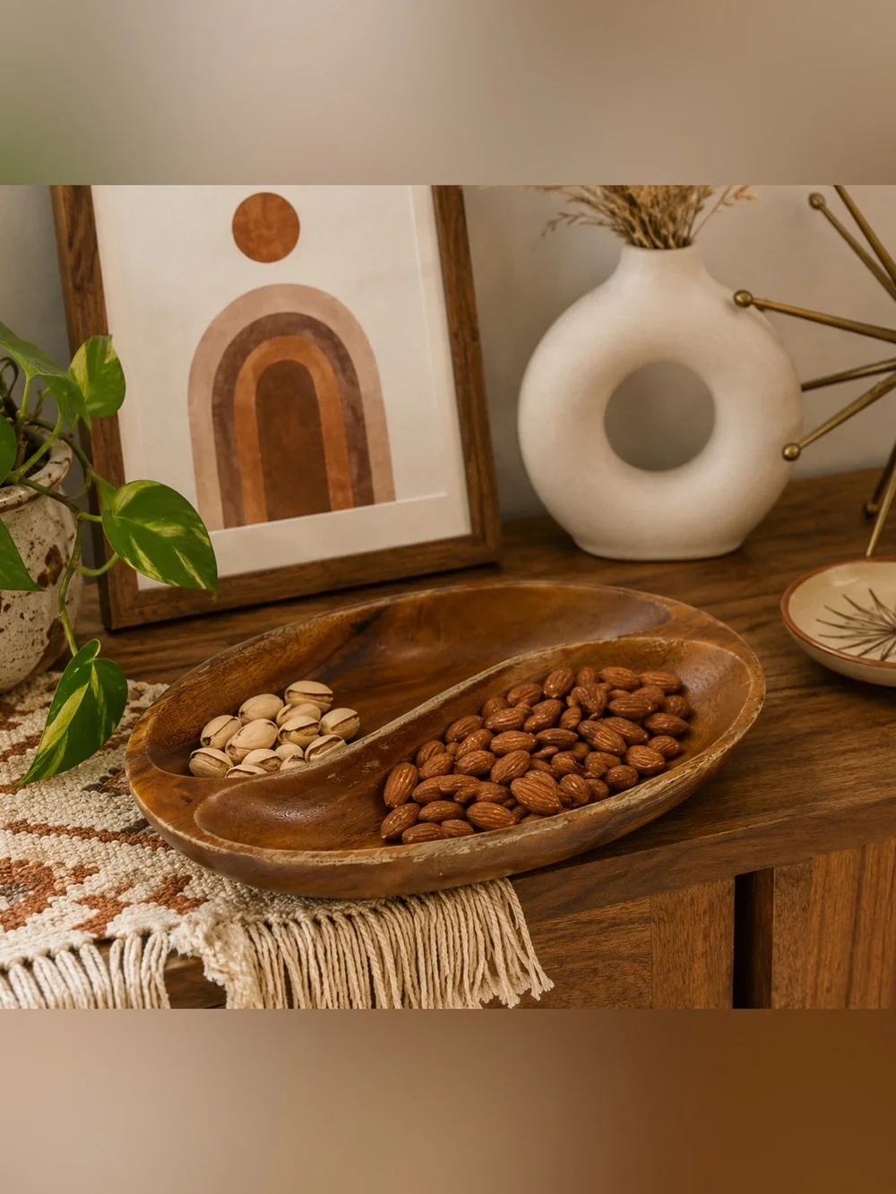 Vintage Monkey Pod Wood Divided Serving Bowl Rustic Farmhouse Boho Catchall Dish